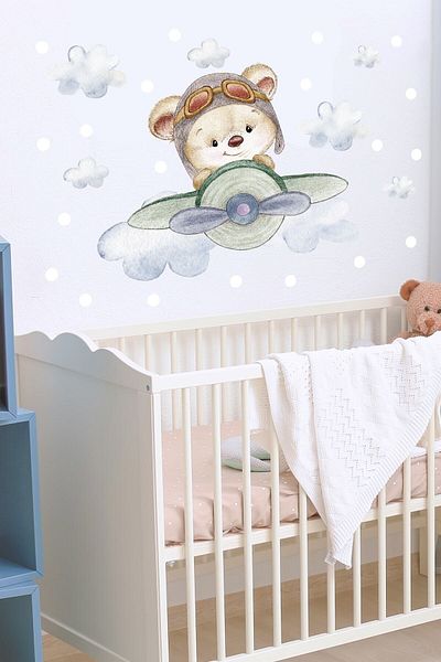 Sim Tasarım Cute Pilot Teddy Bear Wall Sticker Set