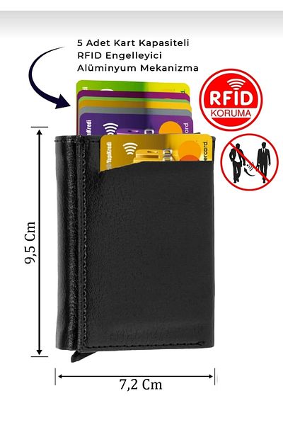 Ayenci Black Unisex Vegan Leather Card Holder Mechanism Automatic Rfid Protected Small Money and Card Bag