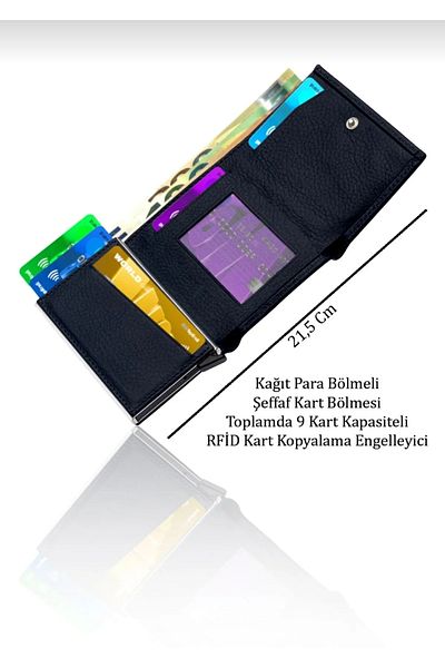 Ayenci Black Unisex Vegan Leather Card Holder Mechanism Automatic Rfid Protected Small Money and Card Bag