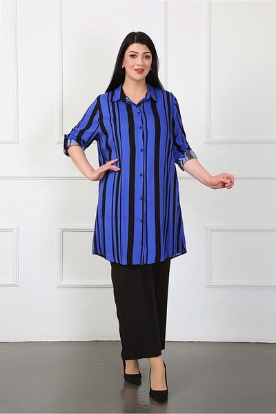 By Alba Collection Women's Navy Blue Cotton Viscose Patterned Large Size Tunic