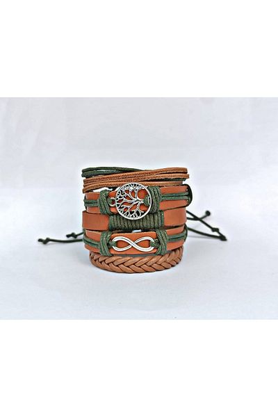 BSN Store Infinity Tree of Life Figured Tan Leather Green Rope 5 Pieces Genuine Leather Bracelet