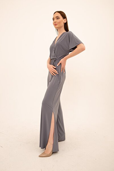 Laranor Gray Double Breasted Low Sleeve Slit Detailed Jumpsuit