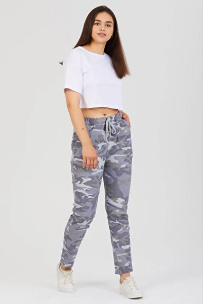 AYASOFYA OTANTIK Жіночі світло-блакитні італійські брюки з камуфляжним візерунком, застібкою на талії та вузькими штанинами