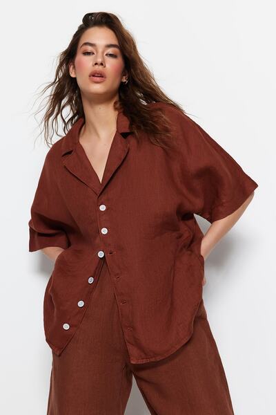 Trendyol Collection Καφέ 100% λινό πουκάμισο Oversize