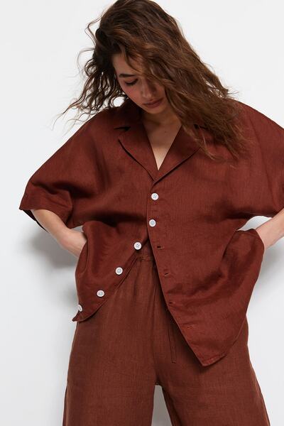 Trendyol Collection Καφέ 100% λινό πουκάμισο Oversize