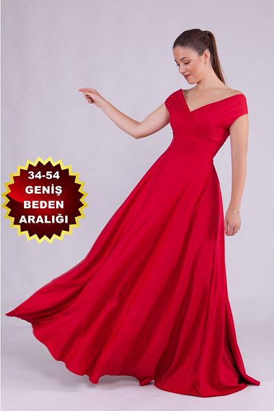 lovebox Flexible Atlas Fabric Boat Neck Flowy Maxi Red Evening Dress 237