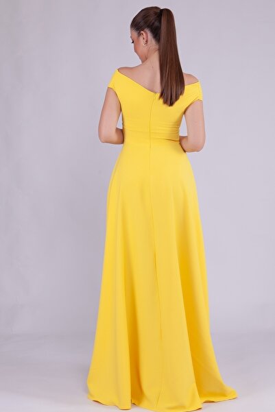 bayansepeti Women's Flexible Atlas Fabric Boat Neck Design Maxi Length Yellow Dress 237