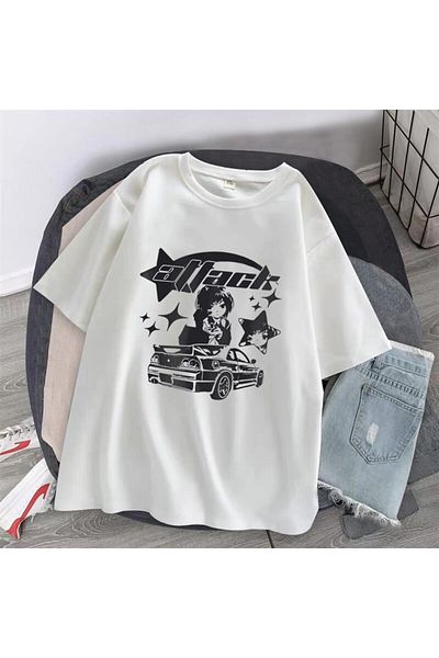 Touz Μπλουζάκι Killer Girl & Car με στάμπα λευκό Unisex Oversize