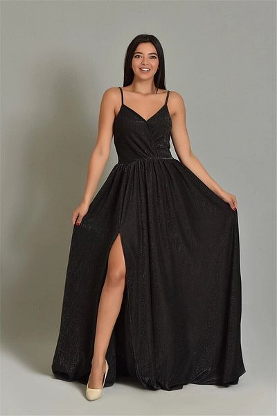 Secret Passion Lingerie Μακρύ μαύρο βραδινό φόρεμα από ύφασμα Sparkly με λεπτομέρεια με σκίσιμο στήθος 022