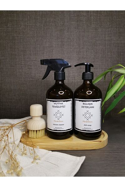 PitrakStore Set of 2 500ml Amber Glass Liquid Soap Dispenser Dish Brush with Wooden Stand