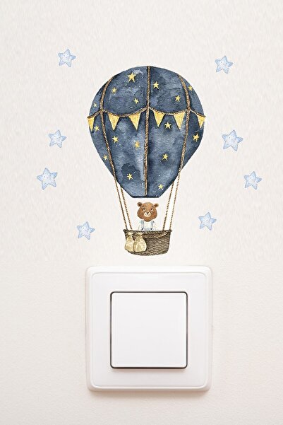 Sim Tasarım Priz- Ayıcıklı Uçan Balon Ve Yıldızlar Dekoratif Priz Sticker - S...