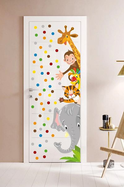 Sim Tasarım Safari Animals Door Cabinet And 65 Pieces Polka Dot Wall Sticker Set