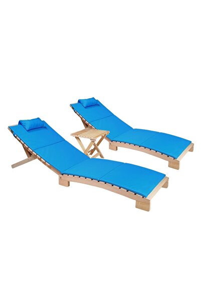 Bysay Ahşap Katlanabilir Yatar Şezlong Plaj Yatağı Minder Dahil 3 Lü Set (nat...