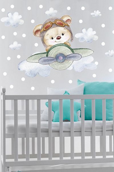 Sim Tasarım Cute Pilot Teddy Bear Wall Sticker Set