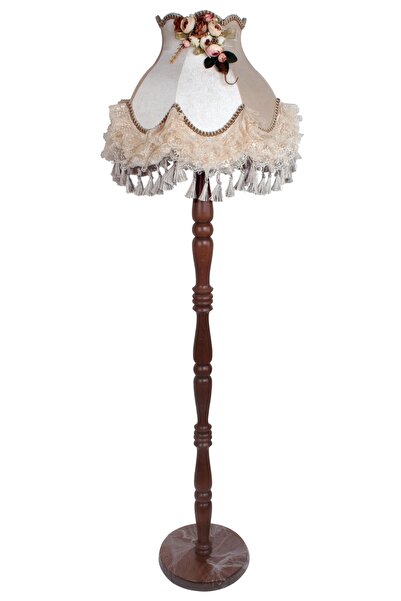 Dekovien Kumaş Kaplama Ahşap Ayak Lambader Vizon Çiçek Süsleme