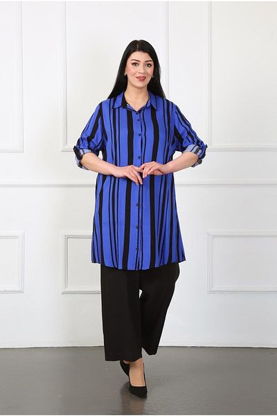 By Alba Collection Women's Navy Blue Cotton Viscose Patterned Large Size Tunic