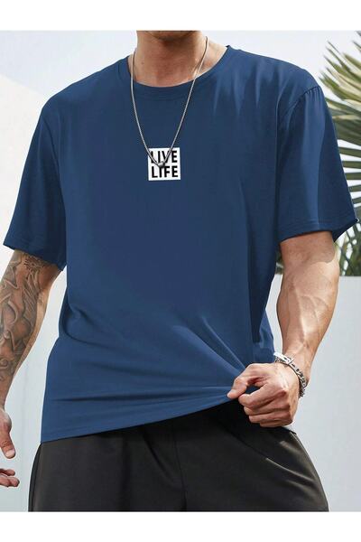 YUVEST Unisex Siyah Oversize Bisiklet Yaka %100 Pamuk Live Life Baskılı T-shirt