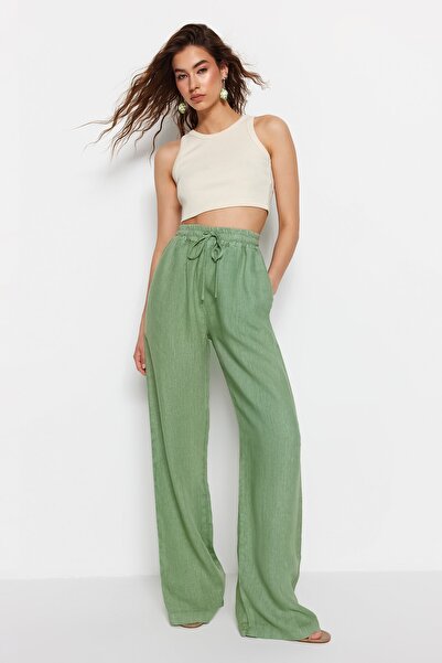Trendyol Collection Green 100% Linen High Waist Wide Leg Pants with Elastic Waist