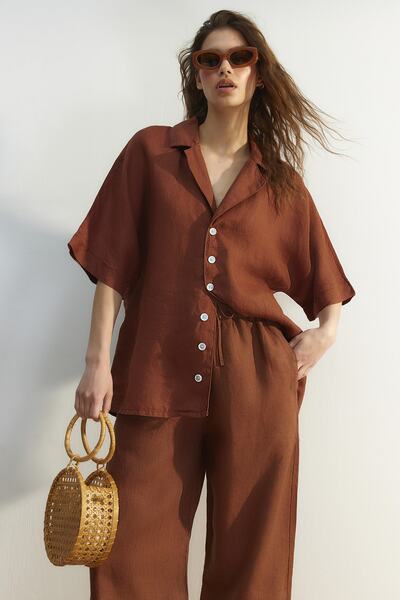 Trendyol Collection Καφέ 100% λινό πουκάμισο Oversize