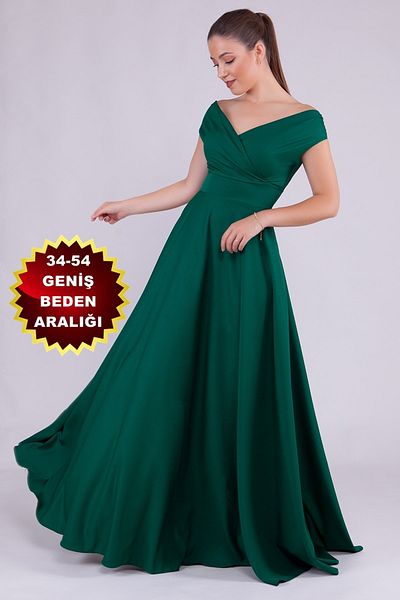 lovebox Flexible Atlas Fabric Boat Neck Flowy Maxi Emerald Green βραδινό φόρεμα 237