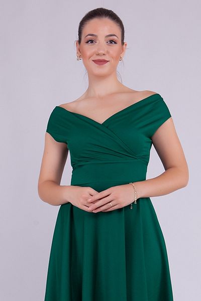 lovebox Flexible Atlas Fabric Boat Neck Flowy Maxi Emerald Green βραδινό φόρεμα 237