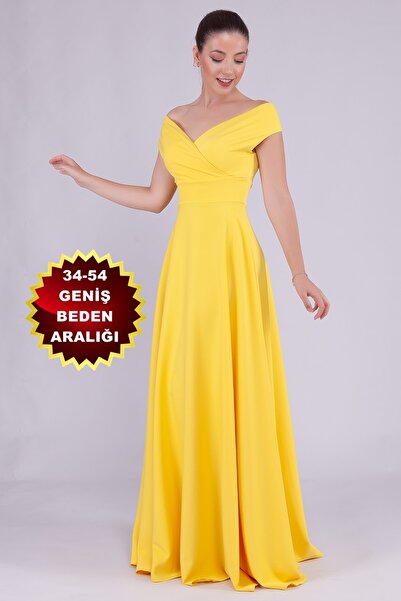 bayansepeti Women's Flexible Atlas Fabric Boat Neck Design Maxi Length Yellow Dress 237