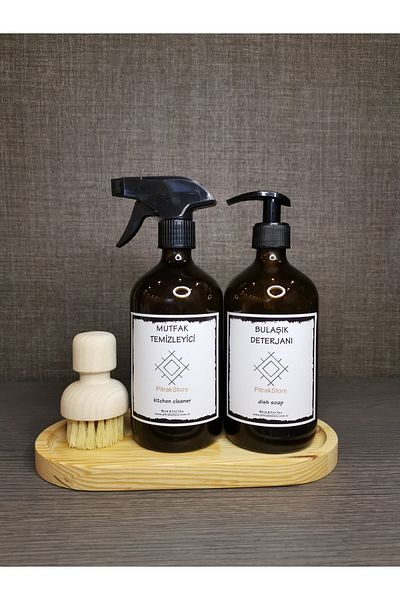 PitrakStore Set of 2 500ml Amber Glass Liquid Soap Dispenser Dish Brush with Wooden Stand