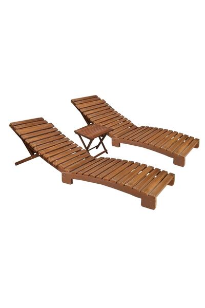 Bysay Ahşap Katlanabilir Yatar Şezlong 3 Kademe Plaj Yatağı 3 Lü Set (ceviz)