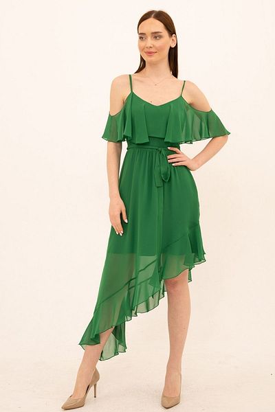 Laranor Green Shoulder and Skirt Flywheel Detailed Princess Collar Asymmetric Dress