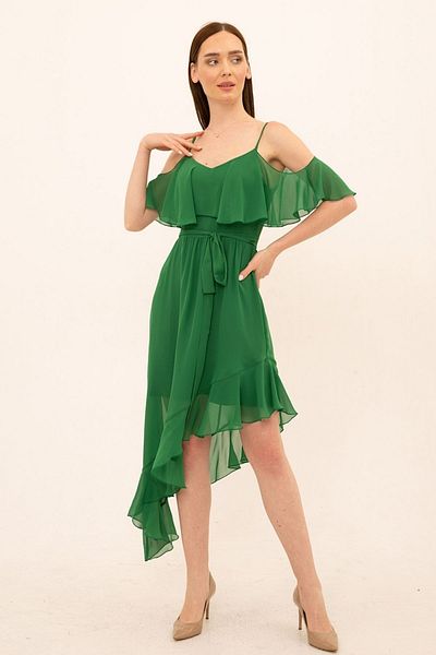 Laranor Green Shoulder and Skirt Flywheel Detailed Princess Collar Asymmetric Dress