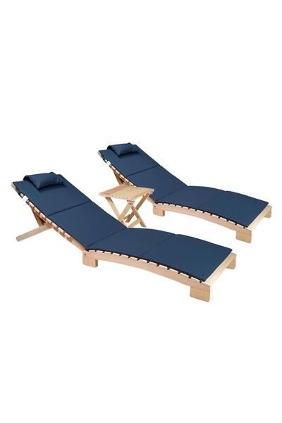 Bysay Ahşap Katlanabilir Yatar Şezlong Plaj Yatağı Minder Dahil 3 Lü Set (nat...