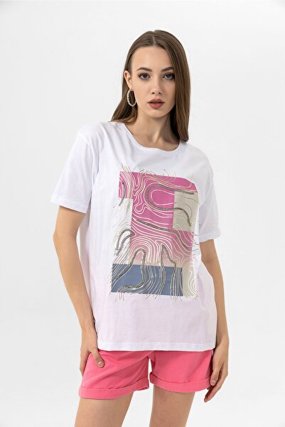 EtkiModa Kadın Beyaz Önü Çok Renkli Baskılı Yaldız Detaylı Tişort