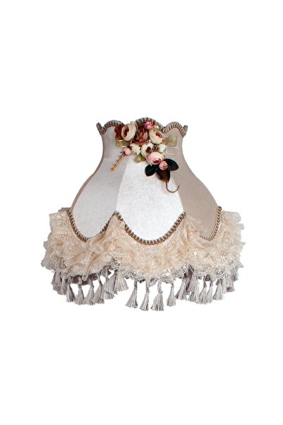 Dekovien Kumaş Kaplama Ahşap Ayak Lambader Vizon Çiçek Süsleme