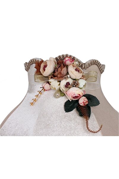 Dekovien Kumaş Kaplama Ahşap Ayak Lambader Vizon Çiçek Süsleme