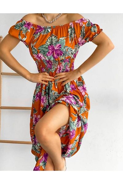 modakyra Rochie lungă pentru femei Legend, portocalie, cu model, țesătură din viscoză (135 cm)