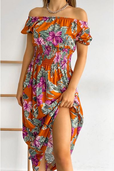 modakyra Rochie lungă pentru femei Legend, portocalie, cu model, țesătură din viscoză (135 cm)
