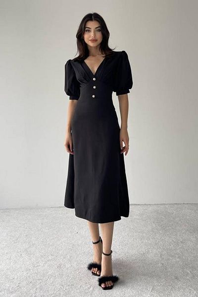 vuvutasarım Cotton Atlas Fabric Button Detail V-Neck Short Balloon Sleeve Midi Length Black Evening Dress 153