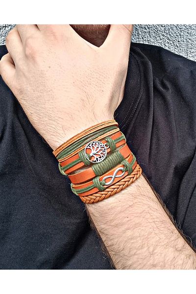 BSN Store Infinity Tree of Life Figured Tan Leather Green Rope 5 Pieces Genuine Leather Bracelet