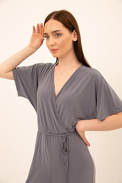 Laranor Gray Double Breasted Low Sleeve Slit Detailed Jumpsuit