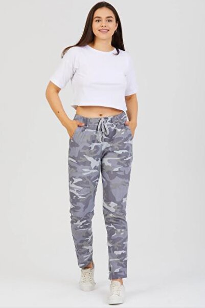 AYASOFYA OTANTIK Жіночі світло-блакитні італійські брюки з камуфляжним візерунком, застібкою на талії та вузькими штанинами