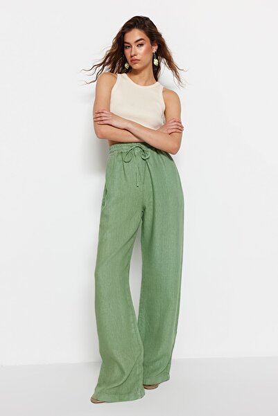 Trendyol Collection Green 100% Linen High Waist Wide Leg Pants with Elastic Waist