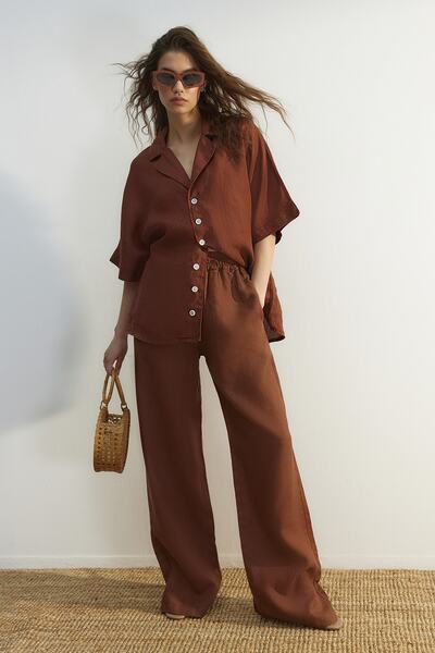 Trendyol Collection Καφέ 100% λινό πουκάμισο Oversize