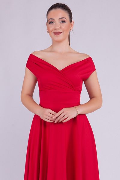 lovebox Flexible Atlas Fabric Boat Neck Flowy Maxi Red Evening Dress 237