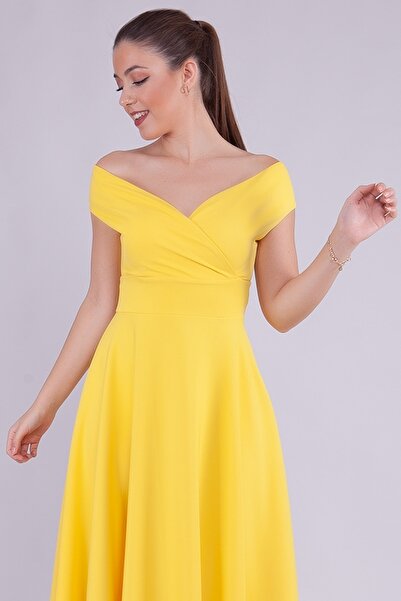 bayansepeti Women's Flexible Atlas Fabric Boat Neck Design Maxi Length Yellow Dress 237