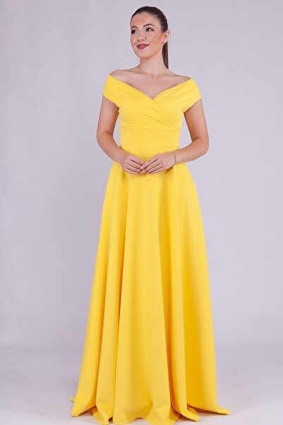 bayansepeti Women's Flexible Atlas Fabric Boat Neck Design Maxi Length Yellow Dress 237