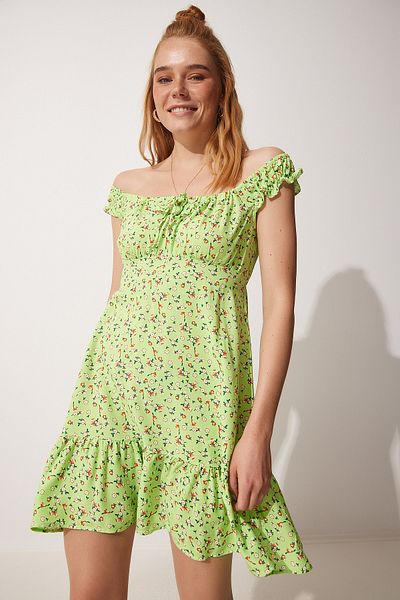 Happiness İstanbul Women's Green Floral Summer Gathered Viscose Dress DD01218