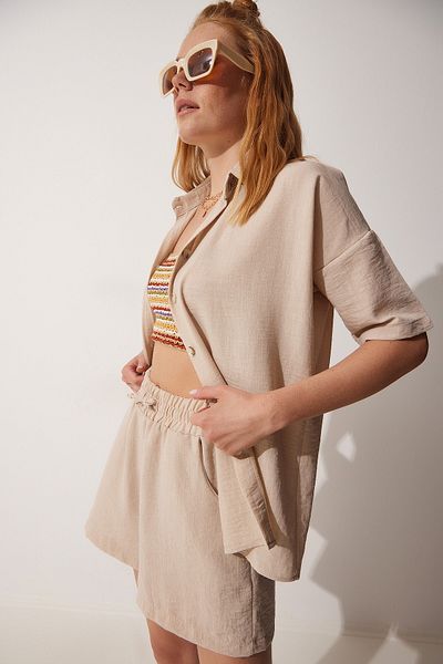 Happiness İstanbul Women's Beige Summer Linen Shirt Shorts Set CI00082