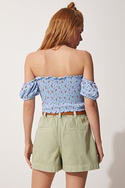 Happiness İstanbul Γυναικείο μπλουζάκι πλεκτό με μπλε εμπριμέ Crop Viscose UB00084