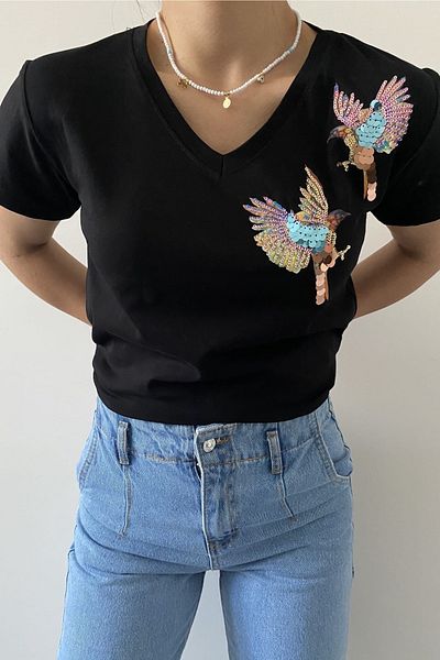 FEMELLE Tricou de damă, negru, mărime mare, cu decolteu în V, cu umăr, cu paiete, brodat din bumbac, cu paiete
