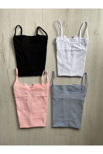 ParisTrend Women's Combed Cotton Ribbed and Straight Strap 4-Piece Undershirt